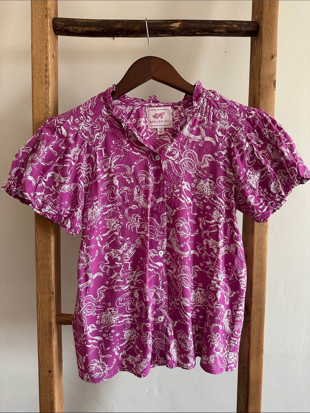 BanjanAn Fuchsia and White Printed Short Sleeve Button Blouse with zodiac
